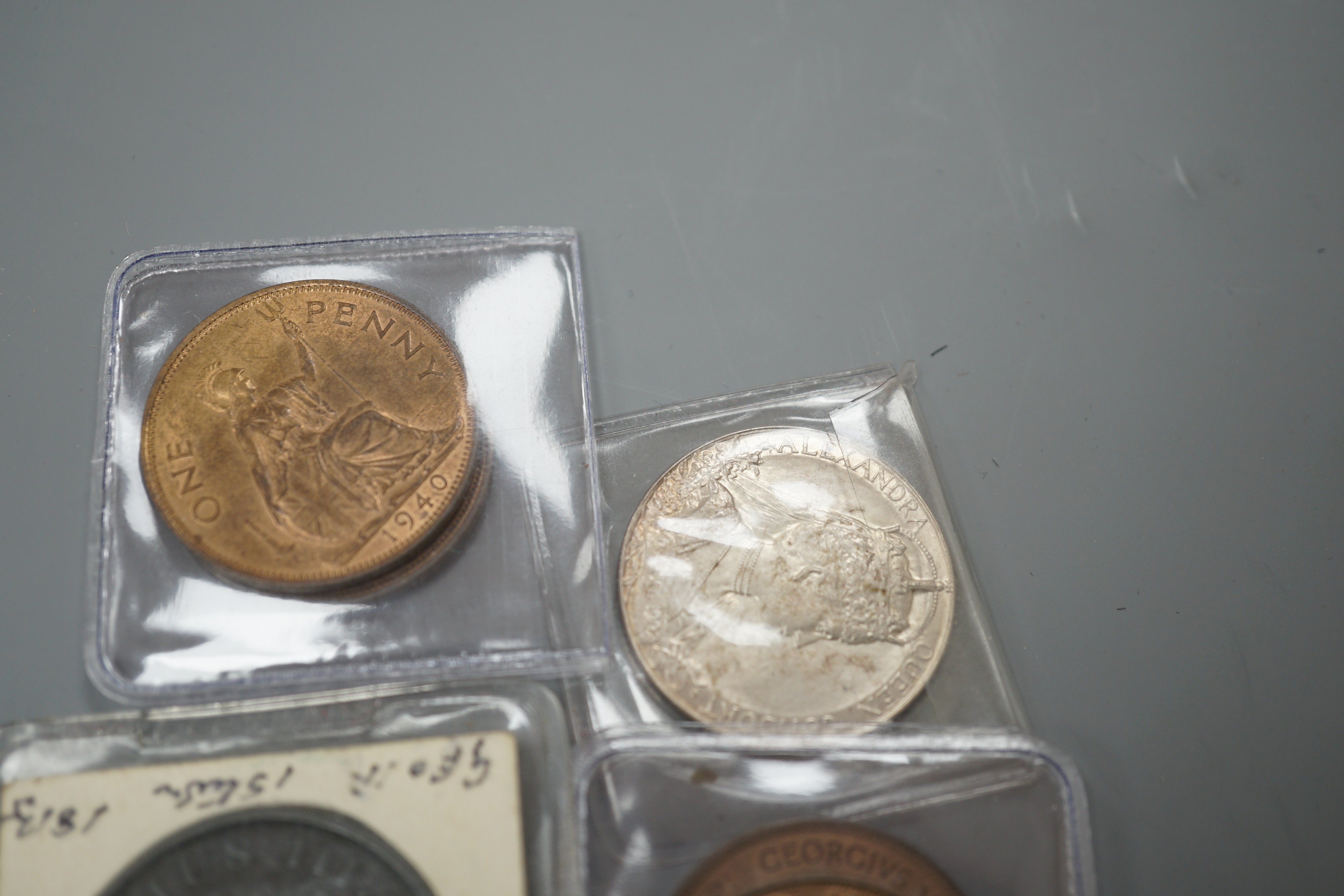 Two silver coronation medals: Edward VII and Queen Alexandria and George V and Queen Mary, both EF, and a George III copper One silver oken, six one pennies, a Kennedy 1964 half dollar and other Chinese coins